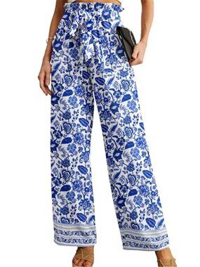 High Waist Wide Leg Palazzo Pants Adjustable Tie Ankle Trousers Beach Pockets